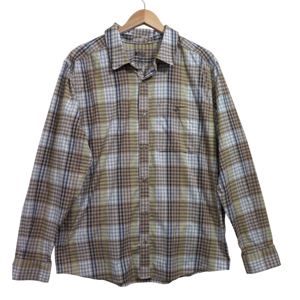 REI Co Op Button Up Shirt Mens XL Brown Plaid Long Sleeve Nylon Blend Outdoor‎